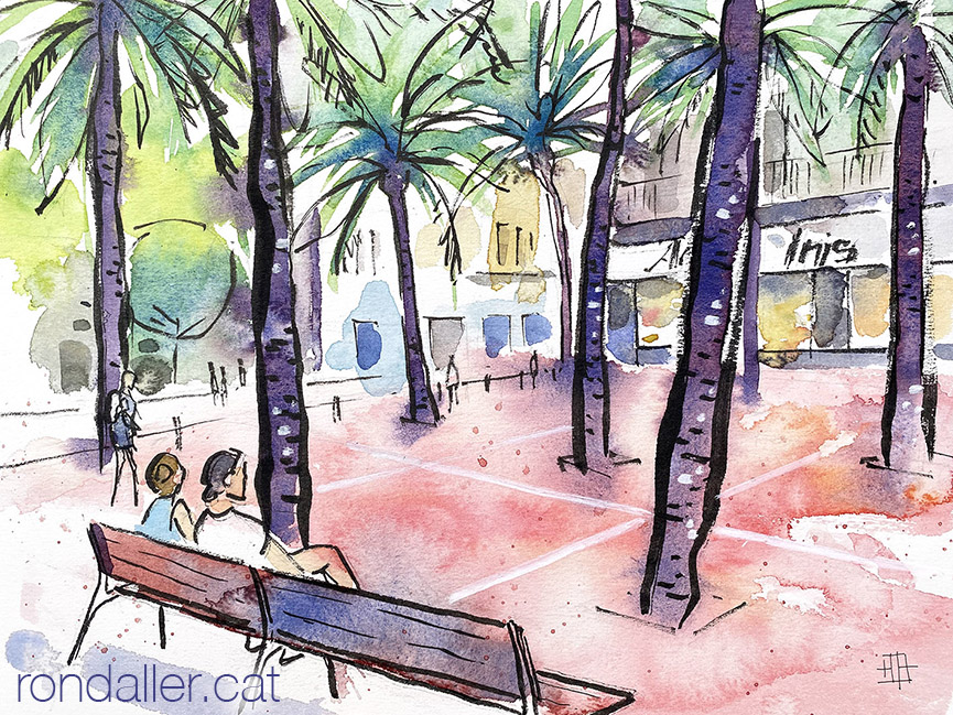 Aquarel·la amb una vista de la plaça de Trilla al barri de Gràcia de Barcelona.
