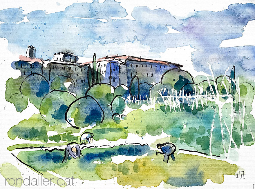 Aquarel·la amb una panoràmica dels horts de Besalú.