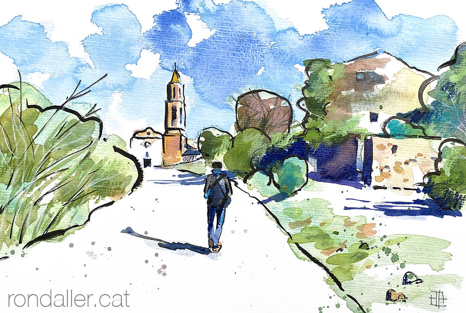 Aquarel·la amb una panoràmica de l'església de Sant Miquel Arcàngel.