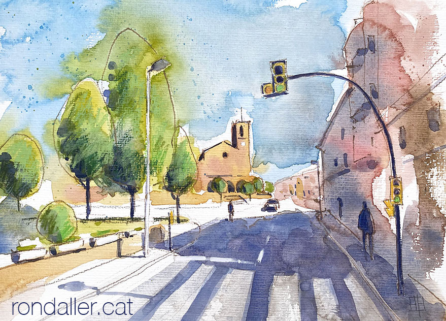 Aquarel·la amb una panoràmica de la plaça del reverend Andreu Marcé.