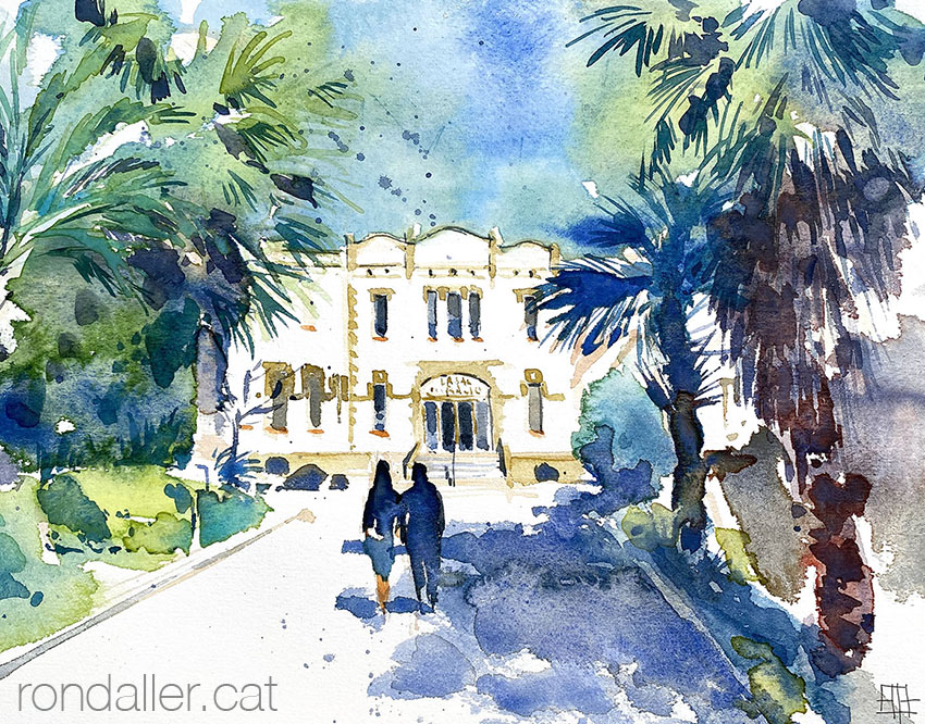 Aquarel·la amb una vista de l'edifici i dels jardins del Casal de Curació.