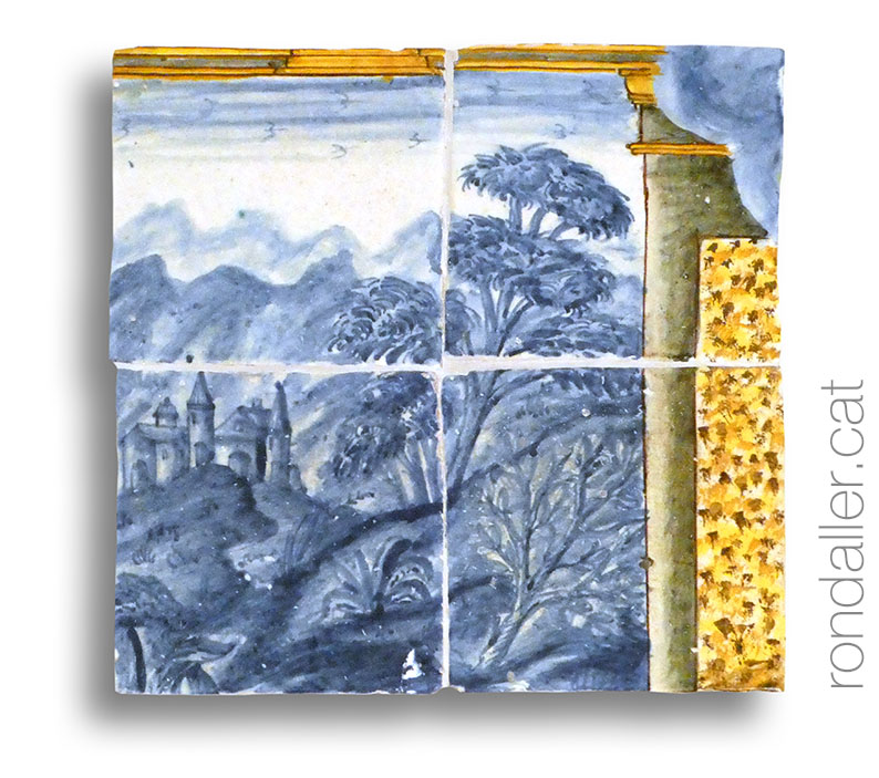 Detall d'un paisatge que apareix en un dels plafons ceràmics.