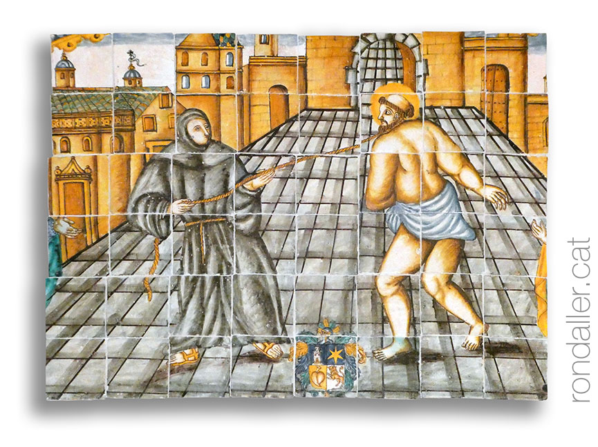 Claustre de Sant Francesc de Terrassa. Detall d'un plafó ceràmic.