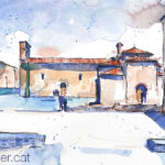 Aquarel·la amb una vista de l'església de Sant Pere de Terrassa.