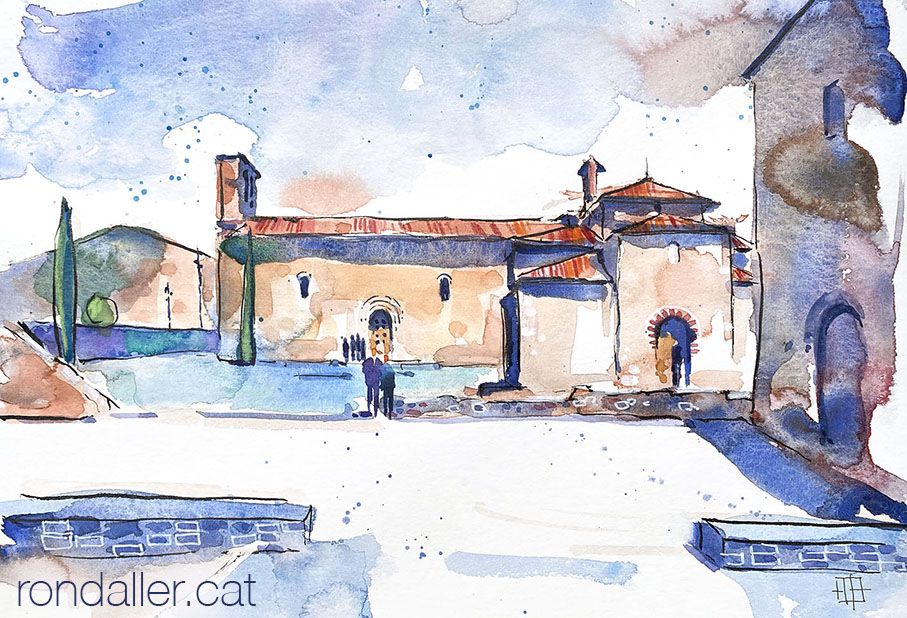 Aquarel·la amb una vista de l'església de Sant Pere de Terrassa.