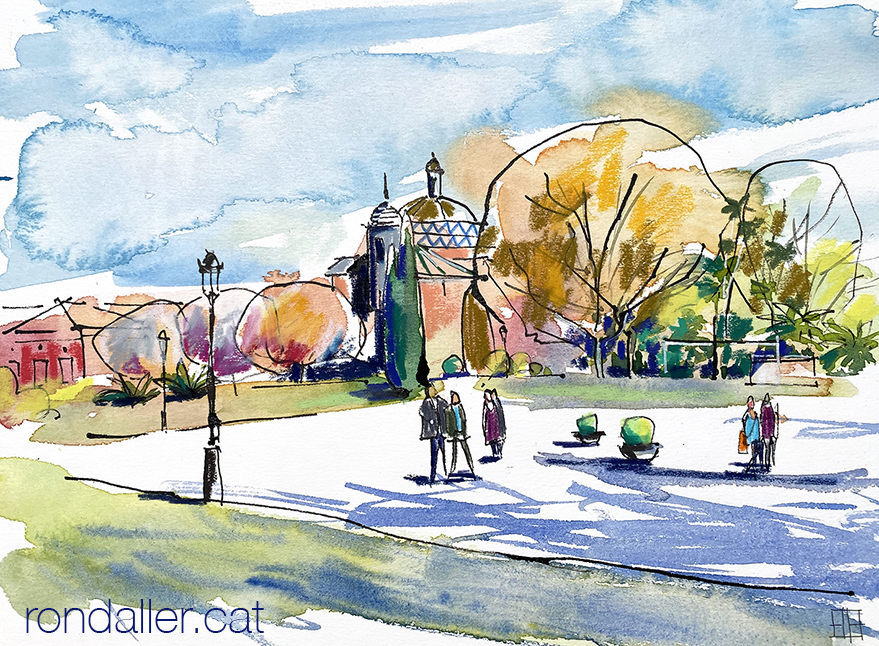 Aquarel·la amb una vista de la capella del Parc de la Ciutadella de Barcelona.