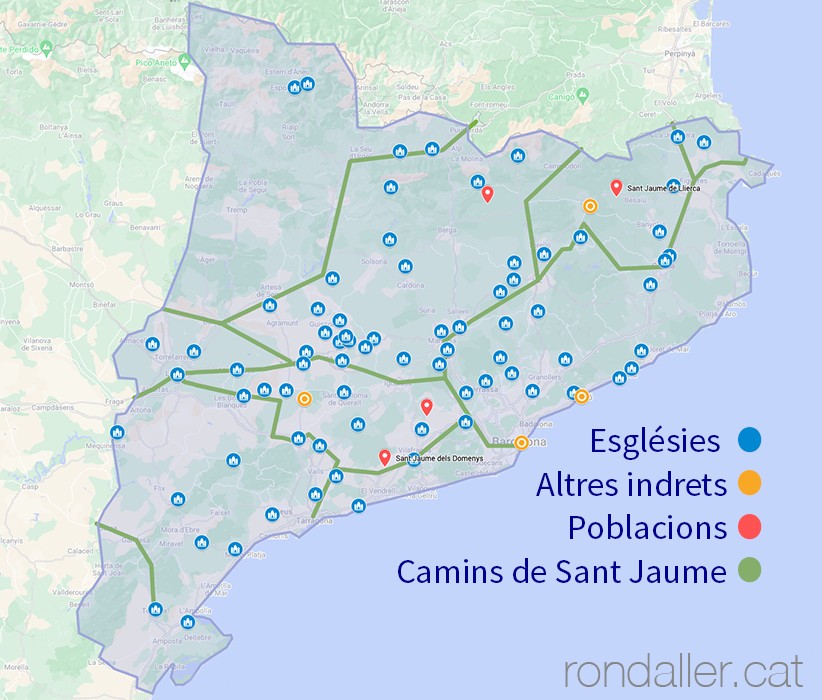 Mapa de Catalunya, esglésies i llocs dedicats Sant Jaume,