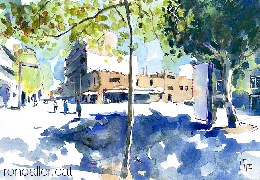 Aquarel·la amb una vista de la plaça de la Corona de Granollers.