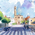 Aquarel·la amb una vista del carrer del Temple amb l'església parroquial al fons.
