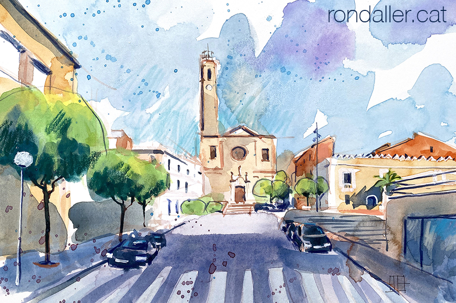 Aquarel·la amb una vista del carrer del Temple amb l'església parroquial al fons.