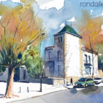 Aquarel·la amb una vista de Can Casa, un edifici modernista.
