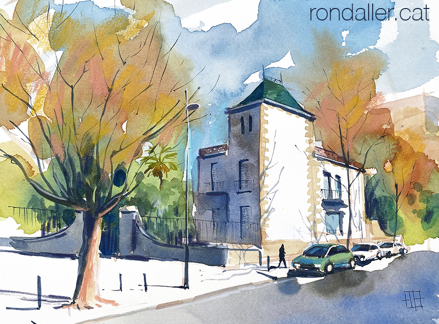 Aquarel·la amb una vista de Can Casa, un edifici modernista.