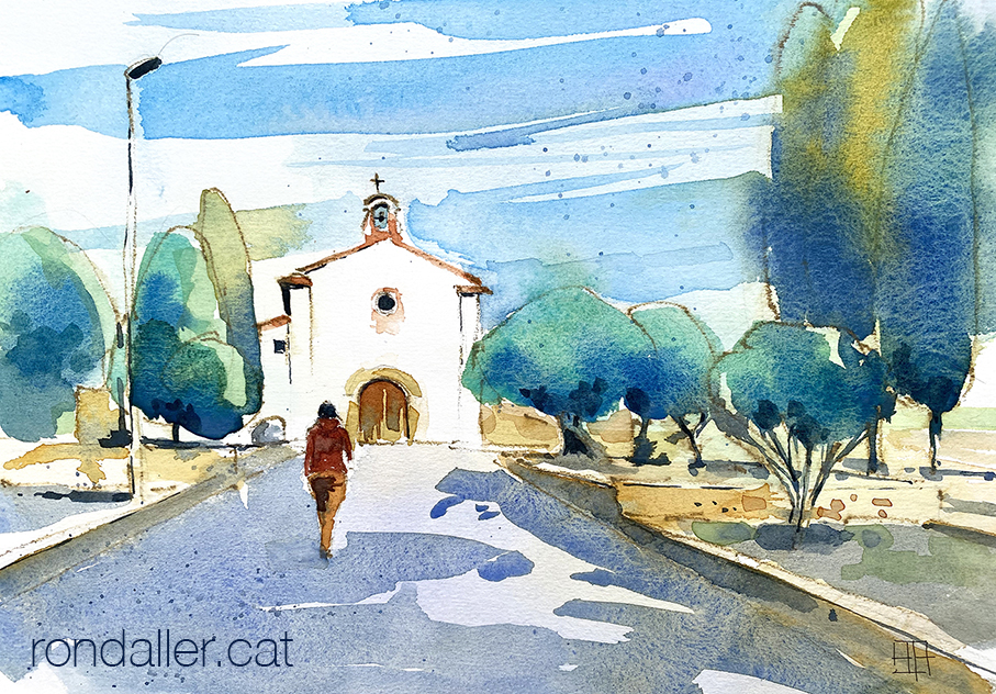 Aquarel·la amb una vista de l'ermita del Pilar a l'entrada del recinte funerari.