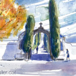 Aquarel·la amb una vista de l'entrada del recinte funerari.