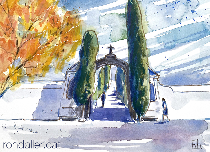 Aquarel·la amb una vista de l'entrada del recinte funerari.