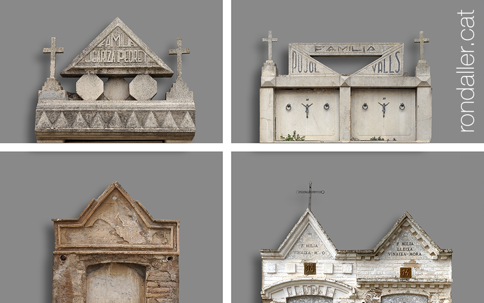 Cementiri de Benissanet. Exemples de decoracions triangulars en diversos sepulcres.