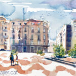 Aquarel·la amb una vista de la plaça d'Alfons XII de Tortosa.