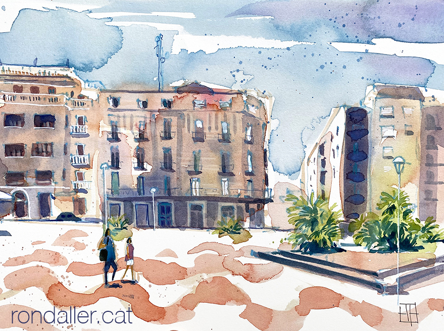 Aquarel·la amb una vista de la plaça d'Alfons XII de Tortosa.