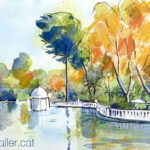 Aquarel·la amb una vista del llac i del jardí.