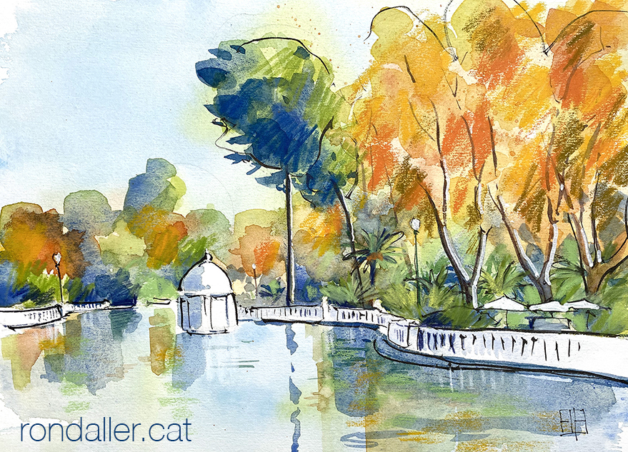 Aquarel·la amb una vista del llac i del jardí.