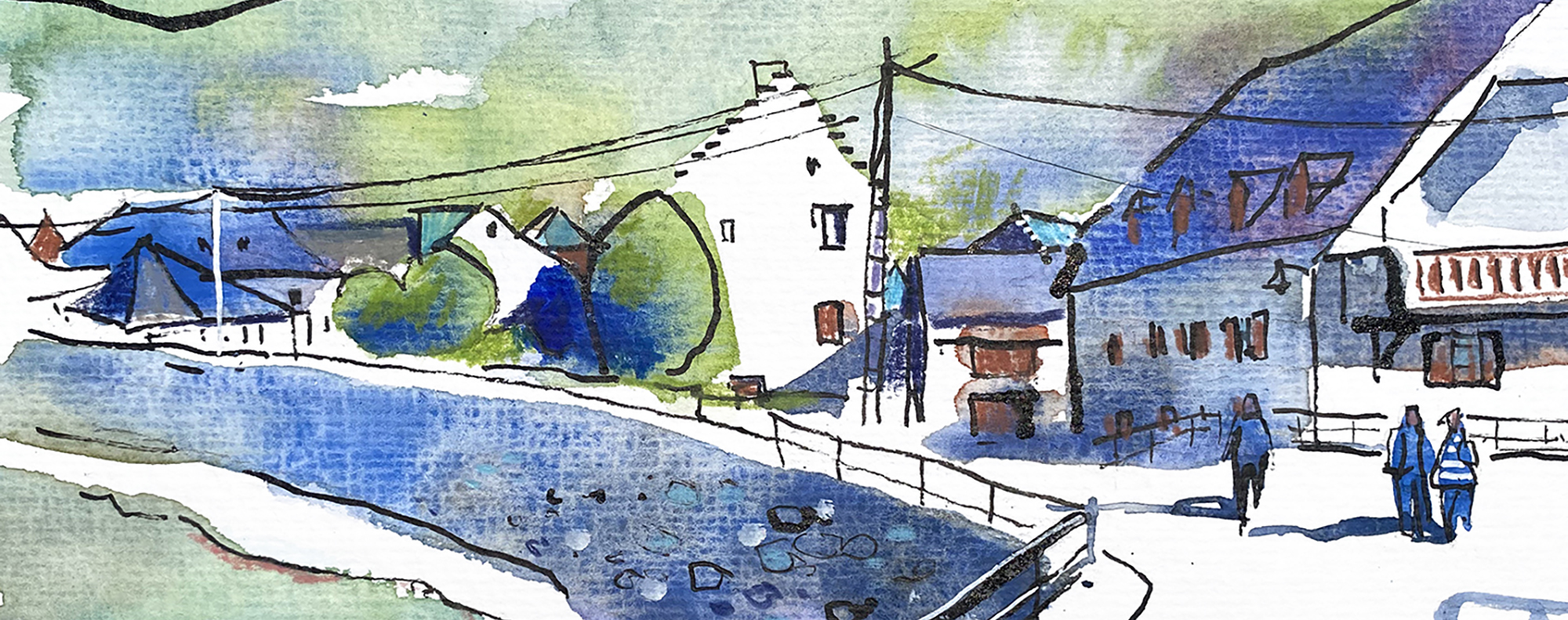 Aquarel·la amb una vista de la població d'Arties a la Vall d'Aran.