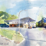 Aquarel·la amb una vista de l'antiga benzinera a l'inici de la collada de l'N-II.