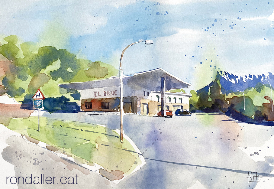 Aquarel·la amb una vista de l'antiga benzinera a l'inici de la collada de l'N-II.