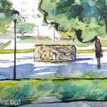 Aquarel·la amb una vista de la plaça on es troba d'obra de Domènec Fita.