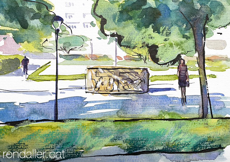 Aquarel·la amb una vista de la plaça on es troba d'obra de Domènec Fita.
