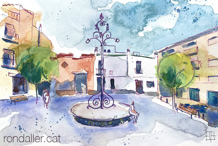 Plaça de l'Església de Gelida, amb el fanal al mig.