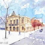 Aquarel·la amb una vista de l'edifici de la seu del districte de les Corts de Barcelona.