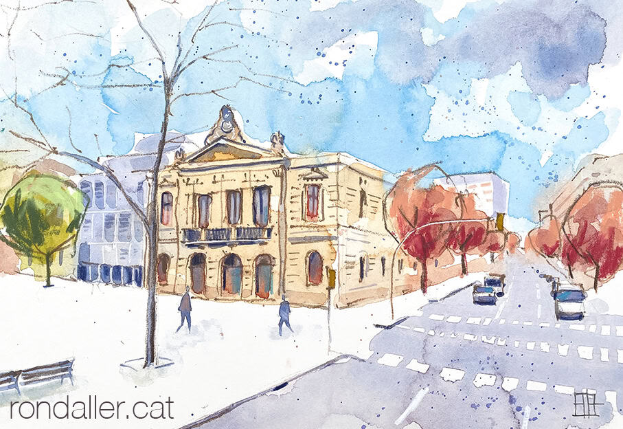 Aquarel·la amb una vista de l'edifici de la seu del districte de les Corts de Barcelona.