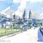 Aquarel·la amb una panoràmica de la ciutat de Lugo.