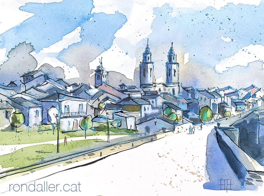 Aquarel·la amb una panoràmica de la ciutat de Lugo.