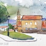 Aquarel·la amb una vista de l'església de Santa Maria do Campo.