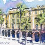 Aquarel·la amb una vista de l'edifici neoclàssic.