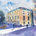 Aquarel·la amb una vista de l'edifici de l'actual Casa de l'Esport de Terrassa.