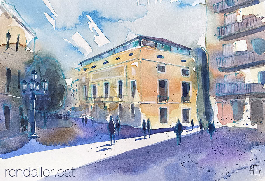 Aquarel·la amb una vista de l'edifici de l'actual Casa de l'Esport de Terrassa.