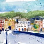 Aquarel·la amb una vista de la ciutat antiga de Viveiro.
