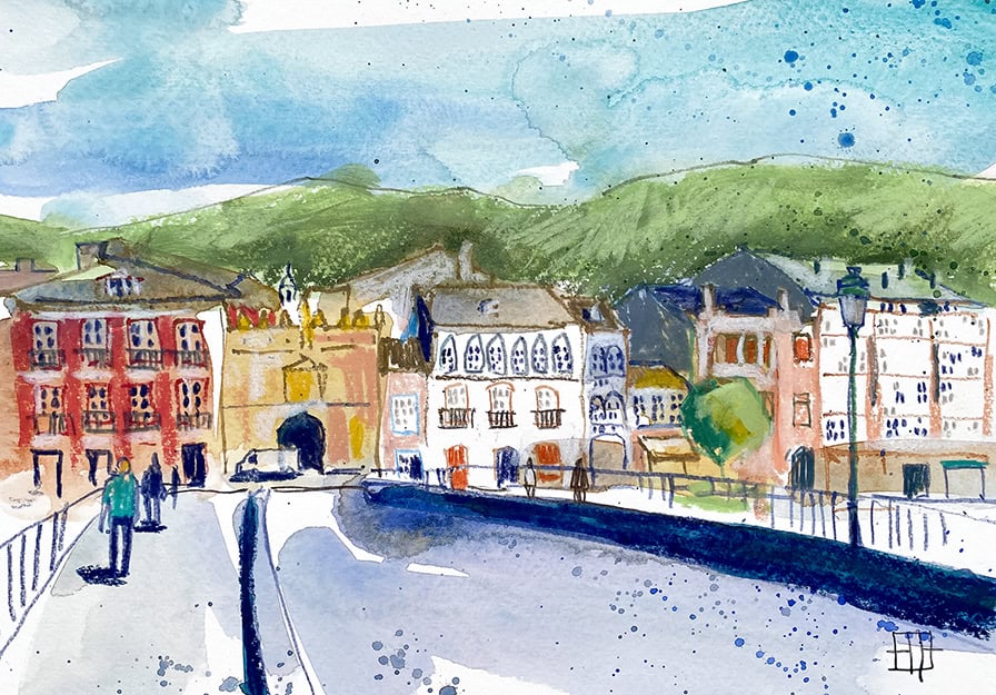Aquarel·la amb una vista de la ciutat antiga de Viveiro.
