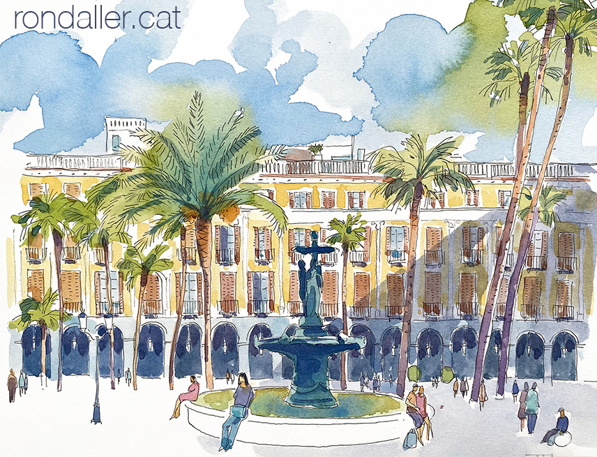 Aquarel·la amb una vista de la Plaça Reial de Barcelona.