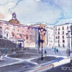 Aquarel·la amb una vista de la plaça de Sant Jaume i del edifici de la Generalitat de Catalunya.