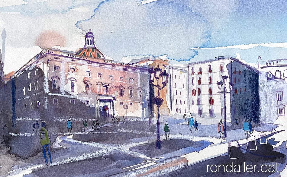Aquarel·la amb una vista de la plaça de Sant Jaume i del edifici de la Generalitat de Catalunya.