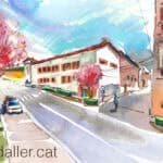 Aquarel·la amb una vista del carrer Àngel Guimerà d'Alella.