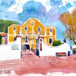 Aquarel·la amb una vista de la façana barroca de Can Lleonart.