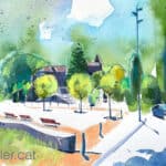 Aquarel·la amb una vista de l'església de Sant Esteve de Canyamars.
