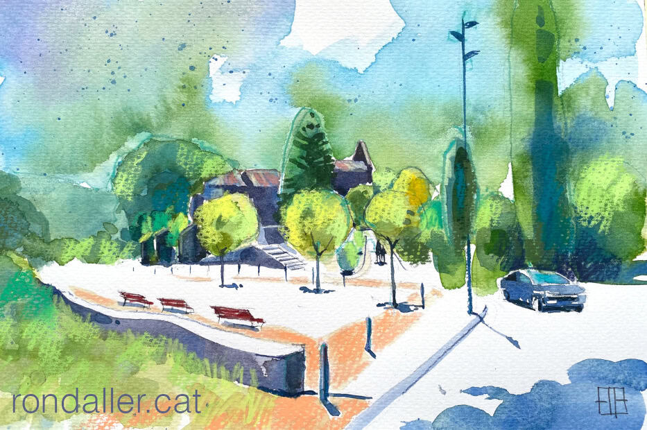 Aquarel·la amb una vista de l'església de Sant Esteve de Canyamars.