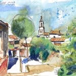 Aquarel·la amb una panoràmica del barri antic de Celrà.