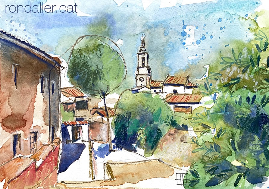 Aquarel·la amb una panoràmica del barri antic de Celrà.
