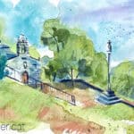 Aquarel·la amb una vista de la capella de San Bieito a Horta (Lugo).